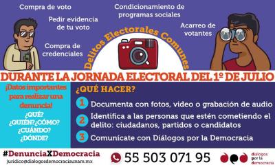 Diálogos por la Democracia flyer urging reporting of voting fraud and irregularities.