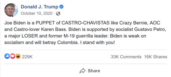 Donald Trump attacks Joseph Biden in a Tweet by saying Biden is supported by Colombia's Gustavo Petro.