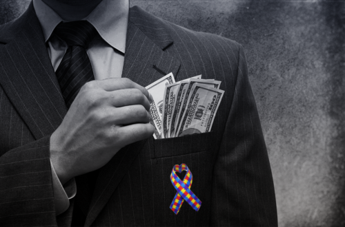 Greedy private equity executive with a front pocket full of cash and beneath it an autism awareness ribbon.