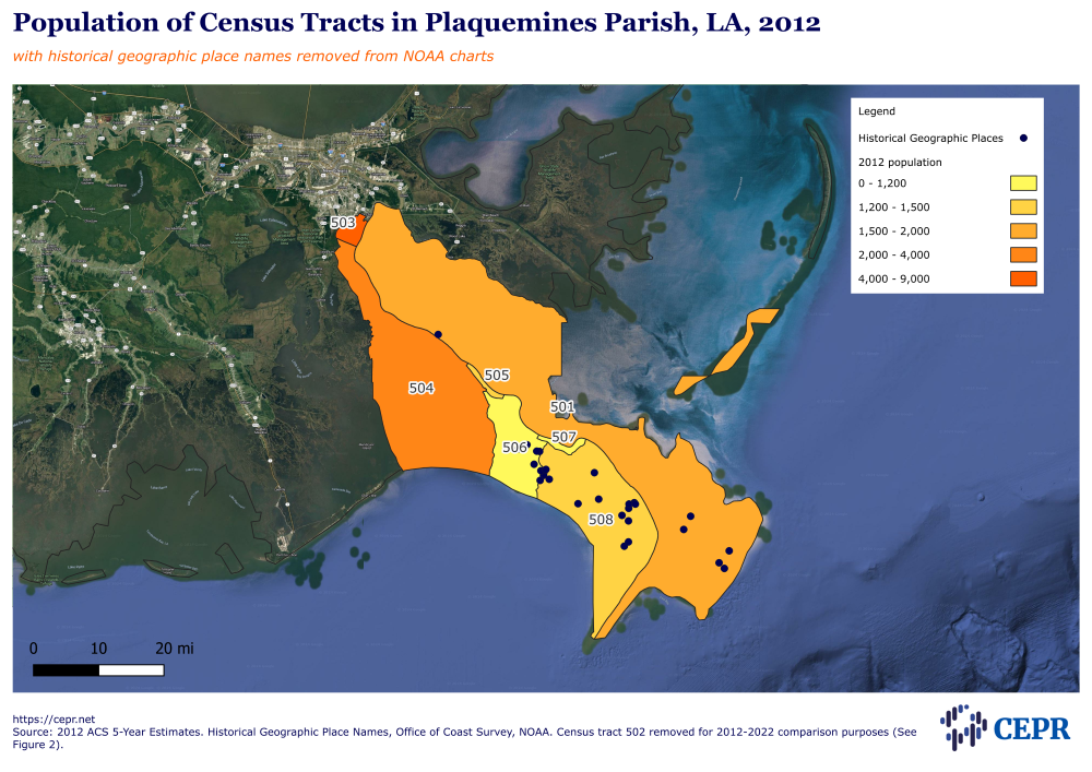 Map showing the population of census tracts in Plaquemines Parish, Louisana, 2012