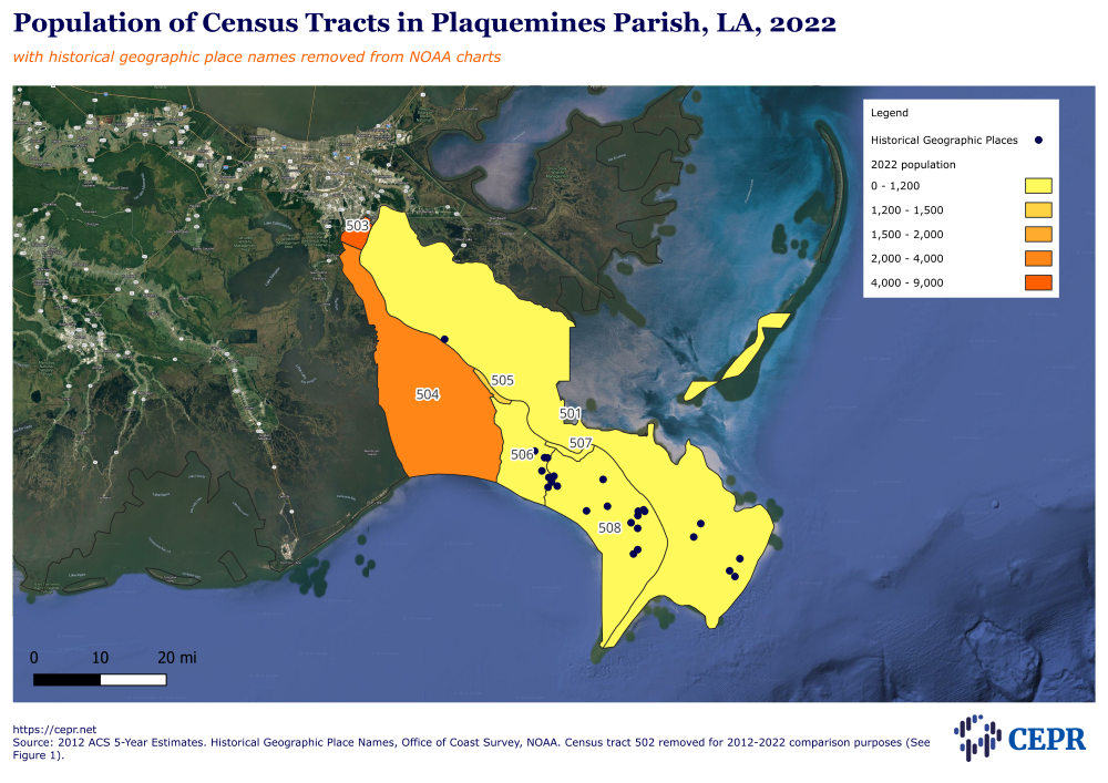 Map showing the population of census tracts in Plaquemines Parish, Louisana, 2022