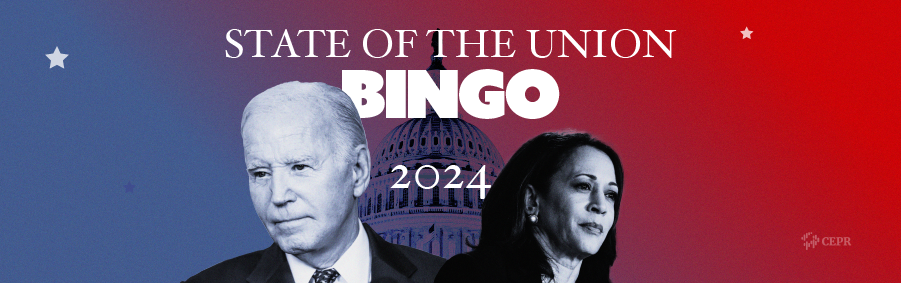 Horizontal banner image of President Joe Biden and Kamala Harris bust. Between them is the dome of the capitol building. The text reads "State of the Union Bingo 2024"