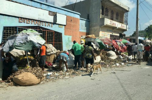 People and a dog near overflowing garbage bags on a street in Haiti beside buildings with signage, under a clear sky.