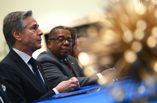 US Secretary of State Antony Blinken attends a bilateral meeting with Jamaican Prime Minister Andrew Holness (off frame) at the Pegasus Hotel ahead of the emergency meeting on Haiti at the Conference of Heads of Government of the Caribbean Community (CARICOM) in Kingston, Jamaica, on March 11, 2024. (Photo by Andrew Caballero-Reynolds / POOL / AFP) Haiti-transitional-presidential-council