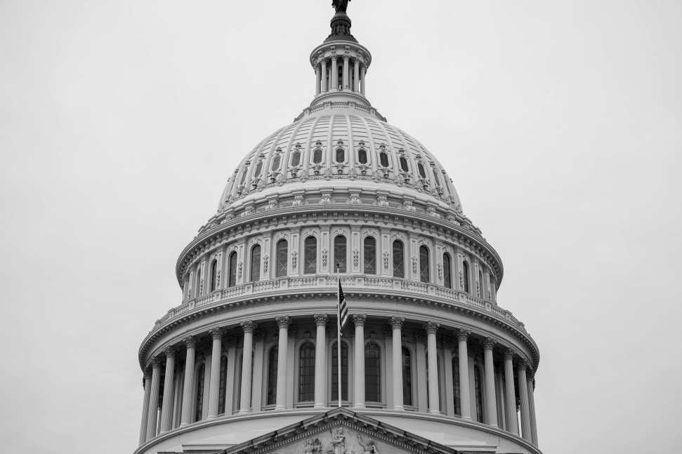 A black and white image of the United States Capitol dome. The architectural details, including columns and ornamentation, are prominently visible. An American flag is seen at the center bottom of the structure. The overcast sky adds a somber tone to this historic seat of power that both Trump and Biden are seeking.