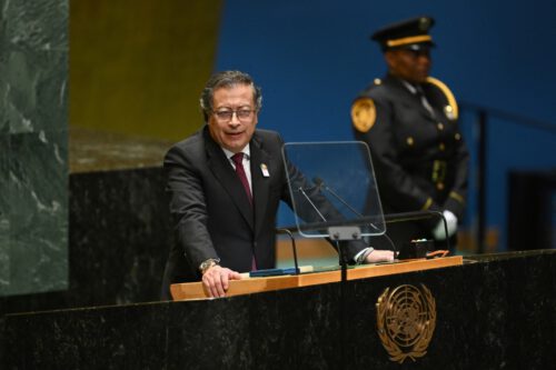 Colombia's President Gustavo Petro addresses the 79th Session of the United Nations General Assembly at the United Nations headquarters in New York City on September 24, 2024. (Photo by ANGELA WEISS / AFP) (Photo by ANGELA WEISS/AFP via Getty Images) (CEPR Sanctions Watch)