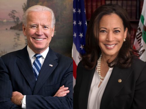 President Biden and Vice President Harris are smiling warmly in professional portrait settings. President Biden is wearing a striped suit and a blue tie, with his arms crossed. Vice President Harris is in a dark blazer with a pearl necklace, standing in front of U.S. flags.