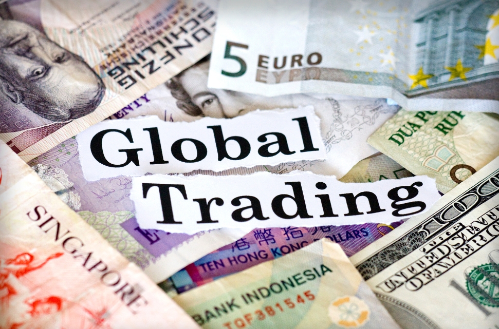 A graphic symbolizing global trading in currencies, featuring multiple currency notes and the essence of international exchange.