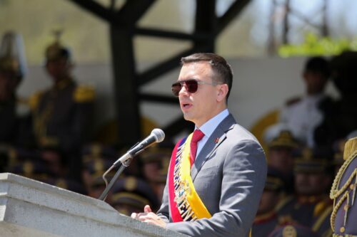 QUITO, ECUADOR - AUGUST 8: President of Ecuador Daniel Noboa speaks during an event as part of the commemoration of the first Cry of Independence at Escuela Superior Militar Eloy Alfaro on August 8, 2024 in Quito, Ecuador. (Photo by Felipe Stanley/Agencia Press South/Getty Images)