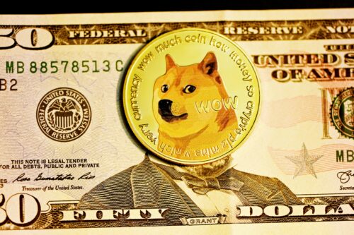 A fifty-dollar bill with a large, gold Dogecoin token placed on top. The token features an image of the Shiba Inu dog, synonymous with Dogecoin, surrounded by phrases like wow and very currency. The intricate details of the currency and token are visible.