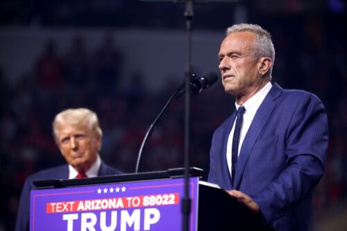 Donald Trump and Robert F. Kennedy, Jr. speaking with attendees at an Arizona for Trump rally at Desert Diamond Arena in Glendale, Arizona. August 2024. Photo by: Gage Skidmore from Surprise, AZ, United States of America