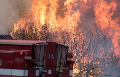 A blazing wildfire consumes dry bushes, with intense orange flames rising high. In the foreground, a fire truck is positioned, highlighting urgency.
