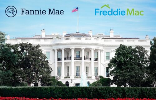 The image shows the White House in the background with the logos of Fannie Mae and Freddie Mac at the top. A U.S. flag waves on the roof.