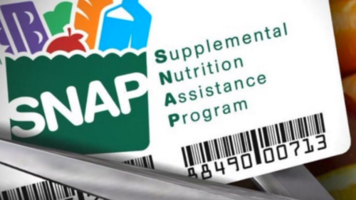 Close-up of a SNAP card displaying the Supplemental Nutrition Assistance Program logo, featuring food imagery and a barcode in the corner.