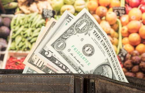 Close-up of a wallet with visible U.S. dollar bills, set against a colorful display of fresh fruits and vegetables, suggesting spending and rising costs as we examine the April Consumer Price Index (CPI)