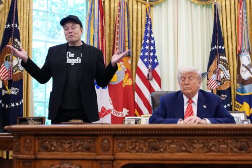 WASHINGTON, DC - Tesla CEO Elon Musk speaks alongside U.S. President Donald Trump to reporters in the Oval Office of the White House. (Photo by Kevin Dietsch/Getty Images)