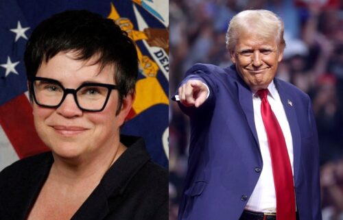 Fired (BLS) Commissioner Erika McEntarfer on the left with Donald Trump pointing a finger on the right.