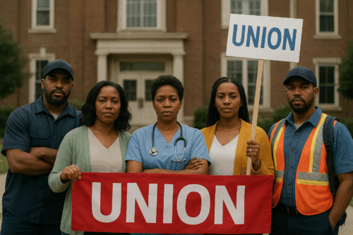Five black workers stand united, holding a 