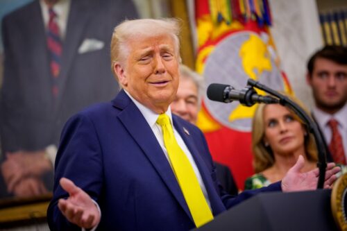 Donald Trump gestures while speaking during a swearing in ceremony for Dr. Mehmet Oz as Medicare and Medicaid Services Administrator in the Oval Office. (Photo by Andrew Harnik/Getty Images)