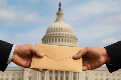 Two hands exchange a beige envelope in front of the U.S. Capitol building.