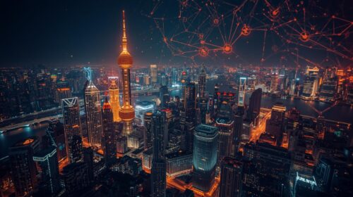 A vibrant cityscape in China at night features bright, illuminated skyscrapers and glowing orange and blue lights. A digital network overlay adds a futuristic AI and technology feel.