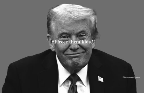 A grayscale image of a Donald Trump in a suit with a smirking expression. Text over the image reads, 