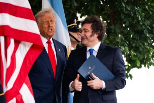 WASHINGTON, DC October 14: US President Donald Trump greets President of Argentina Javier Milei as he arrives at the West Wing of the White House on Tuesday October 14, 2025. (Photo by Demetrius Freeman/The Washington Post via Getty Images)