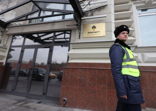 MOSCOW, RUSSIA - OCTOBER 24: (RUSSIA OUT) A security guard walks past to the headquarters of Rosneft, on October 24, 2025 in Moscow, Russia. On Oct. 22, the U.S. president announced sanctions on Rosneft and Lukoil, Russia's two largest oil companies, over the war in Ukraine. Russian President Vladimir Putin described it as 