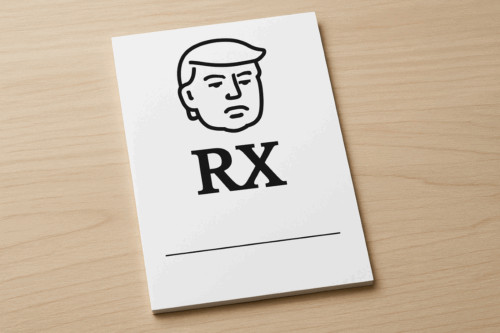 A prescription pad featuring a simple sketch of Donald Trump and the letters 