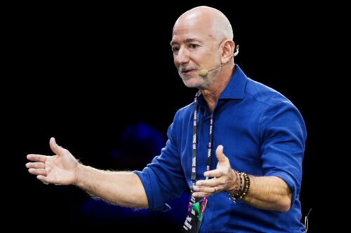 2025/10/03: Jeff Bezos, founder of Amazon, speaks on stage during the Italian Tech Week 2025. (Photo by Nicolò Campo/LightRocket via Getty Images)