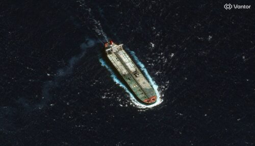 NORTH OF GUADELOUPE, CARIBBEAN -- DECEMBER 12, 2025: 02 -- Vantor satellite image shows an offshore view of the Skipper tanker navigating waters north of Guadeloupe. Please use: Satellite image (c) 2025 Vantor.