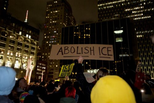 Protesters at Foley Square by the federal government building protesting the ICE killing of Renee Good hours earlier.