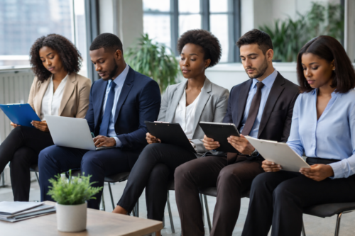 Five diverse professionals sit in a row, focused on their notes, in a modern office setting. The atmosphere is serious and attentive.