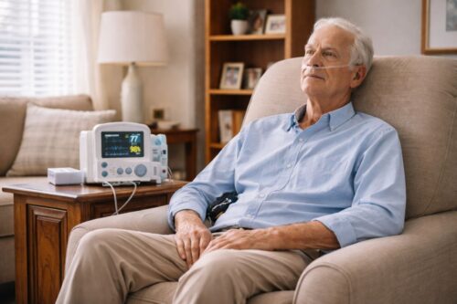 Elderly man with oxygen tube sits on recliner in cozy living room, next to a vital signs medical device monitor on a table.