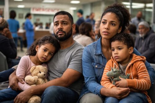 A concerned family sits in a hospital waiting room. The parents and two children look worried, holding stuffed toys, with 