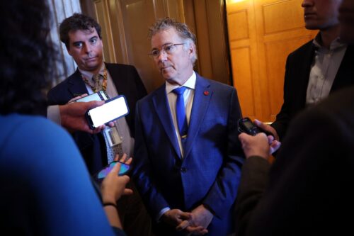 WASHINGTON, DC - JANUARY 08: U.S. Sen. Rand Paul (R-KY) speaks to members of the media after the Senate voted on the Venezuela War Powers Resolution at the U.S. Capitol on January 08, 2026 in Washington, DC. The Senate passed the bipartisan resolution 52-47 which will block President Trump's use of the U.S. military force Venezuela without Congressional authorization. (Photo by Kevin Dietsch/Getty Images)