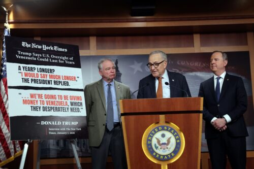 Senate Votes To Advance Venezuela War Powers Resolution WASHINGTON, DC - JANUARY 08: (L-R) U.S. Sen. Tim Kaine (D-VA), Senate Minority Leader Chuck Schumer (D-NY) and Sen. Adam Schiff (D-CA) hold news conference on the Venezuela War Powers Resolution at the U.S. Capitol on January 08, 2026 in Washington, DC. The Senate passed the bipartisan resolution 52-47 which will block President Trump's use of the U.S. military force Venezuela without Congressional authorization. (Photo by Kevin Dietsch/Getty Images)