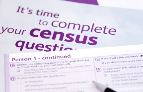 Close-up of census paperwork with bold text reading 
