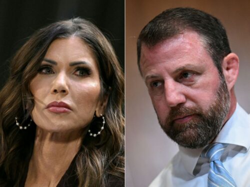 (COMBO) This combination of pictures created on March 5, 2026 shows US Homeland Security Secretary Kristi Noem in Washington, DC on March 3, 2026 and Subcommittee chairman US Senator Markwayne Mullin, Republican from Oklahoma, in Washington, DC on April 29, 2025. Kristi Noem, the ousted Homeland Security chief who enforced President Donald Trump's immigration crackdown, did not shy away from the spotlight -- or the camera lens. The former South Dakota governor's tenure was marked by an aggressive campaign to expel millions of undocumented migrants and high-profile photo ops. (Photo by Mandel NGAN and Drew ANGERER / AFP via Getty Images)