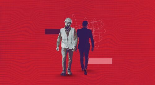 A worker in a hard hat and a person in a suit walk in opposite directions on a textured red background, symbolizing contrast and diversity.