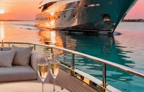 Luxury yacht against a sunset, reflected on clear water. Foreground features two glasses of champagne on a table, and plush seating. Elegant, serene scene.