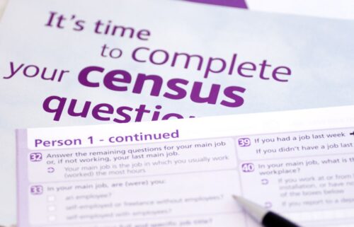 Close-up of census forms with bold text stating 