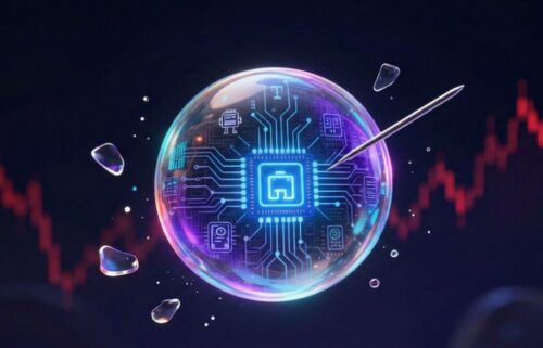A digital bubble with tech icons and circuitry is about to be popped by a needle. Red line graph in the background indicates volatility.