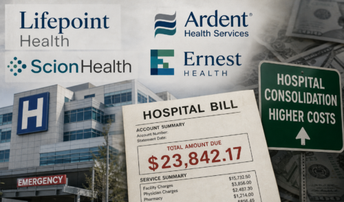 Logos of Lifepoint Health, Ardent, ScionHealth, and Ernest Health. A hospital, high bill of $23,842.17, and sign saying 