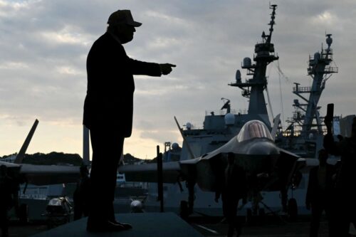 US President Donald Trump arrives to deliver a speech in front of US Navy personnel on board the US Navy's USS George Washington aircraft carrier at the US naval base in Yokosuka on October 28, 2025. (Photo by ANDREW CABALLERO-REYNOLDS / AFP) (Photo by ANDREW CABALLERO-REYNOLDS/AFP via Getty Images)
