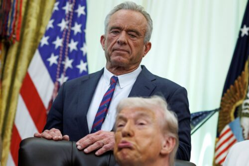 WASHINGTON, MAY 5: U.S. Health and Human Services Secretary Robert F. Kennedy Jr. speaks behind President Donald Trump ahead of a proclamation signing inside the Oval Office at The White House in Washington, on May 5, 2026.