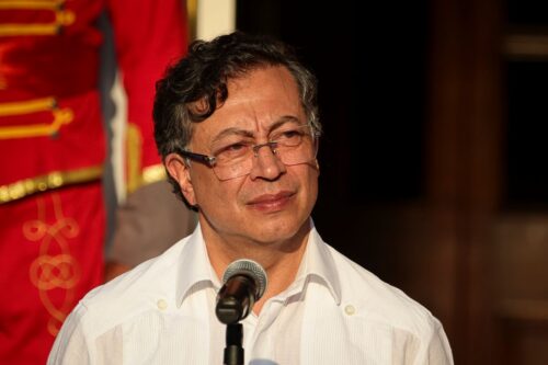 CARACAS, VENEZUELA - APRIL 24: President of Colombia Gustavo Petro speaks during an official visit to Venezuela at Miraflores Palace on April 24, 2026 in Caracas, Venezuela. Petro becomes the first head of state to officially visit Venezuela after Nicolas Maduro's capture. (Photo by Jesus Vargas/Getty Images)
