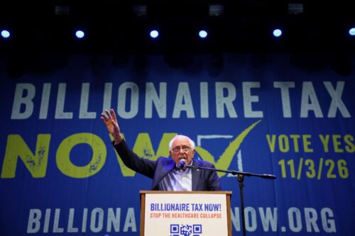 US Senator Bernie Sanders, Independent of Vermont, speaks during the campaign kickoff for the California Billionaire Tax Act at The Wiltern in Los Angeles, February 18, 2026. Sanders is seeking the support of California voters for a November's ballot initiative of an emergency tax on billionaires to help the state's healthcare system. (Photo by Patrick T. Fallon / AFP via Getty Images)