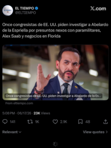 Deleted Tweet from El Tiempo regarding its June 17 article about the US congressional letter that Tiempo later removed from its site.