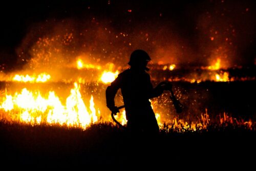 Silhouette of a firefighter battling a large blazing wildfire at night. Flames and sparks light up the background, conveying urgency and tension.
